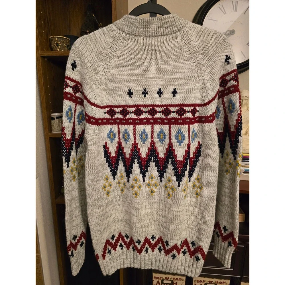 Silton California Mens Vintage Fair Isle Knit Sweater Crew Neck Gray Geometric